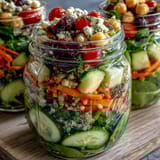 Colorful mason jar salads packed with spinach, chickpeas, and cherry tomatoes for nutritious lunches.