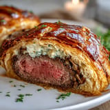 Savory Individual Beef Wellington appetizer, glistening with egg wash and baked to perfection.