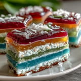 Sweet rainbow agar-agar layers topped with fluffy coconut cream, a refreshing treat.