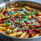 Creamy tomato basil pasta, vibrant with fresh basil and rich tomato sauce.