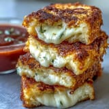 Cheesy, toasted mini grilled cheese triangles beside a warm bowl of tomato soup.