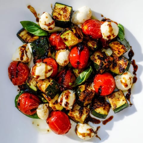Freshly roasted zucchini, peppers, and tomatoes are tossed with mozzarella pearls in this Roasted Veggie Caprese Salad.