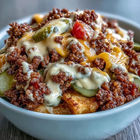 A close-up of Easy Big Mac in a Bowl, featuring seasoned ground beef, crisp romaine lettuce, and diced pickles topped with melty cheddar.