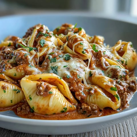 Creamy one pot beef and shells pasta simmered in a rich tomato sauce, topped with melted cheddar and fresh parsley.