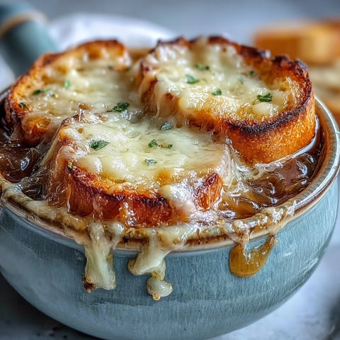 Steaming French Onion Soup in a ceramic crock, topped with melted Gruyère and toasted baguette.