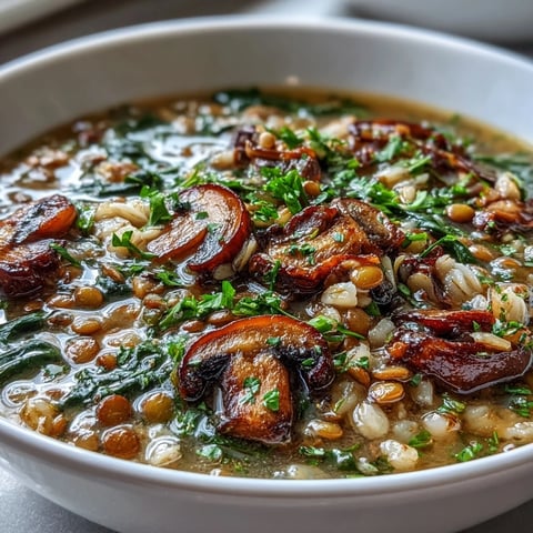 A close-up of Double Lentil and Mushroom Barley Soup in a rustic bowl, steam rising from the broth with visible lentils, diced carrots, and sliced mushrooms.