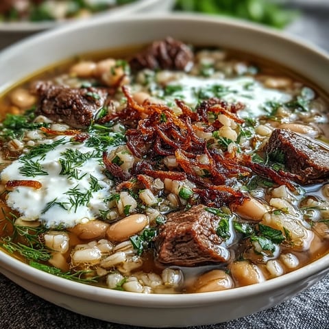 Steaming bowl of Beef Barley Soup topped with golden mint-fried onions and a sour cream swirl.