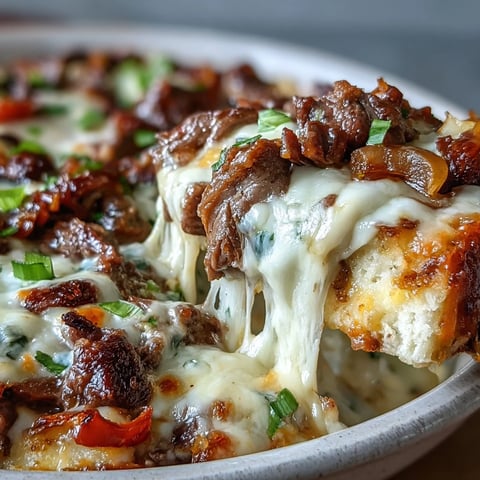 Bubbly Philly Cheesesteak Dip served hot in a baking dish, topped with extra provolone.