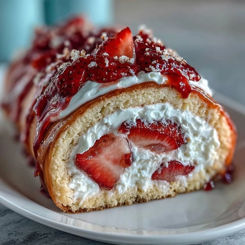Golden crepes wrapped around whipped cream, strawberries, and sponge cake make these Strawberry Shortcake Sushi Rolls a sweet, creamy dessert.
