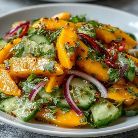 Refreshing Mango Salad with Lime Dressing features bright mango strips, crisp veggies, and cilantro in a shallow white bowl.