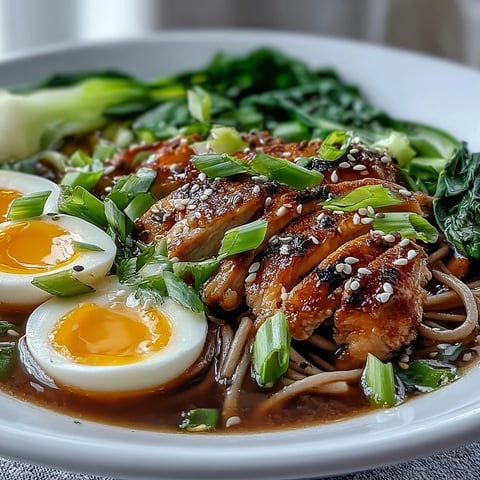 Steaming Healthy Miso Chicken Noodle Bowls feature tender chicken, soba noodles, and bok choy in a rich miso broth topped with a soft-boiled egg.