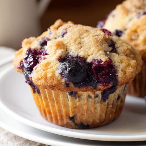 A close-up of freshly baked Fluffy Homemade Blueberry Muffins, overflowing with blueberries and crunchy streusel.
