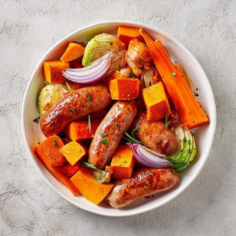 This flavorful Hearty Sheet Pan Sausage and Autumn Veggie Medley features roasted sausages, squash, and apple wedges.