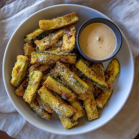 Close-up of baked Parmesan zucchini fries; the crispy coating contrasts with soft insides.