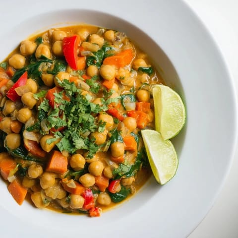 A rich and creamy one-pot chickpea curry, filled with tender vegetables and a hint of coconut.
