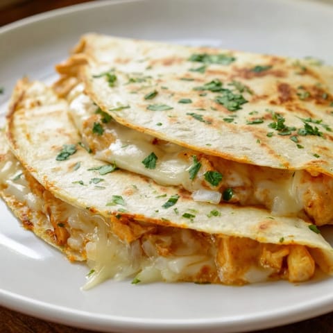Close-up of a deliciously cheesy Butter Chicken Quesadilla, highlighting that warm, spiced filling.
