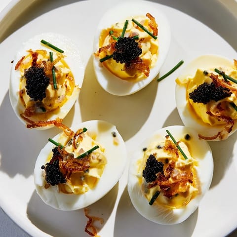 Luxurious deviled eggs with caviar and crispy shallots, an appetizer of rich flavors and textures.