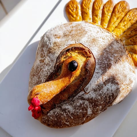 A detailed view of artisan turkey sourdough bread, featuring a crispy exterior, soft crumb, and olive pieces for eyes.  