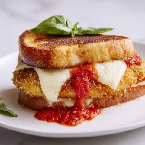 Golden grilled bread encases a juicy breaded chicken patty and gooey mozzarella, served hot with a side of vibrant marinara sauce for dipping.