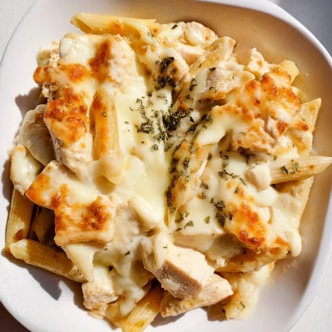 Steam rises from a creamy penne casserole featuring tender chicken and ranch sauce in a baking dish.