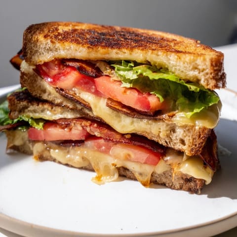 A close-up view of a vegan BLT grilled cheese, showing layers of crisp romaine lettuce, juicy tomato slices, and sizzling smoky tempeh bacon between toasted bread.