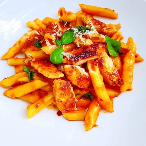 Hearty Italian-American spicy tomato chicken pasta served steaming hot, with seared chicken nestled in a vibrant red sauce.  