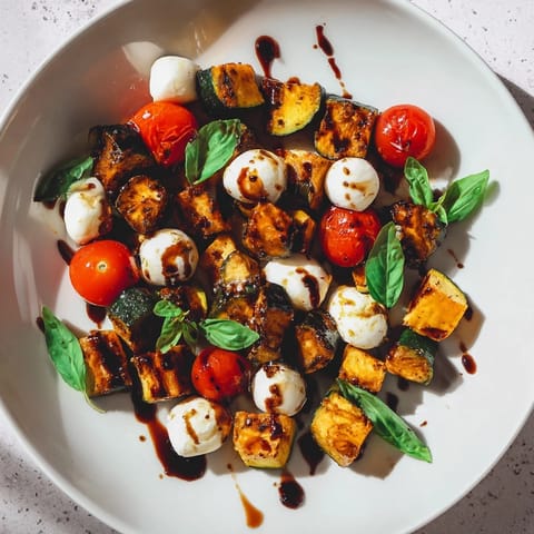 A warm Roasted Veggie Caprese Salad features caramelized vegetables and fresh basil on a white serving platter.