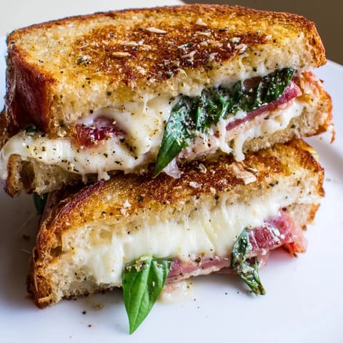 Crispy prosciutto and creamy burrata grilled cheese, sliced to reveal melted cheese and fresh basil leaves inside.