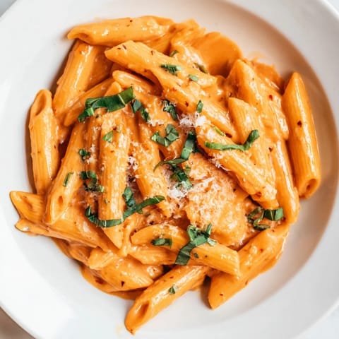 A skillet of creamy roasted red pepper pasta beside a glass of wine, steam rising from the velvety, tomato-orange sauce.
