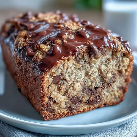 A thick slice of Chocolate Chip Peanut Butter Oatmeal Banana Bread on a plate, revealing moist crumbs, oats, and pockets of chocolate.