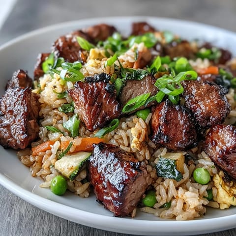 Steaming steak and vegetables sizzle in a wok for this Easy Hibachi Steak With Fried Rice.