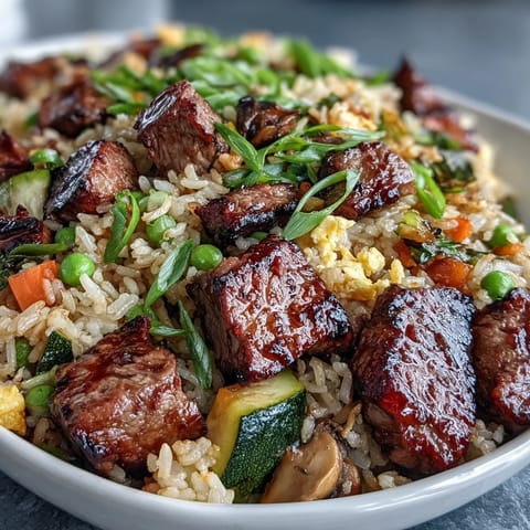 A colorful serving of Easy Hibachi Steak With Fried Rice on a white plate with chopsticks nearby.