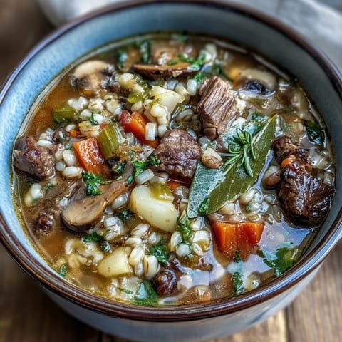 Hearty Beef and Barley Soup simmering in a Dutch oven, featuring carrots, potatoes, and tender beef chunks.