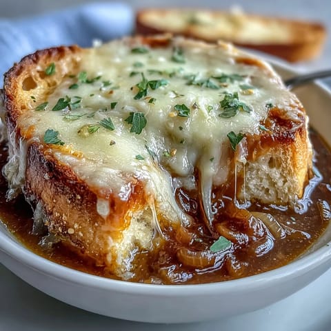 Hearty Classic French Onion Soup with deeply caramelized onions and a toasted bread and cheese topping.