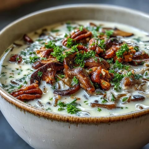 Wild Rice Mushroom Soup with creamy broth, tender wild mushrooms, and hearty wild rice in a rustic setting.  