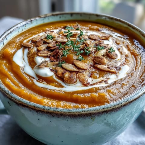 Golden-brown roasted butternut squash soup steaming in a rustic bowl, topped with pumpkin seeds.