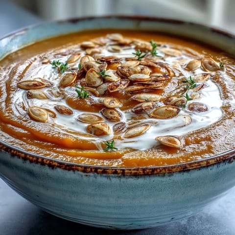 Creamy roasted butternut squash soup served hot with thyme sprigs and a glossy swirl of cream.
