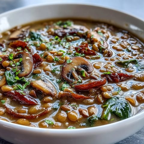 A ladle scooping up a serving of Double Lentil and Mushroom Barley Soup, showing the thick texture with collard greens and tender barley floating in the vegetable broth.