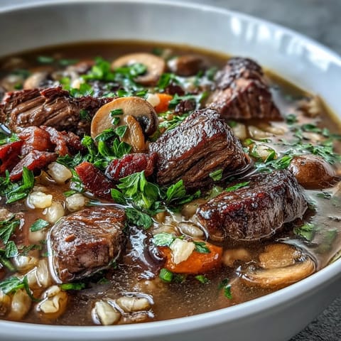 Fresh parsley garnish sits atop a hearty serving of beef and barley soup, with a rustic spoon ready to scoop the comforting meal.