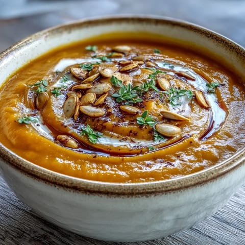 A bowl of creamy butternut squash soup garnished with toasted pumpkin seeds and thyme leaves. 