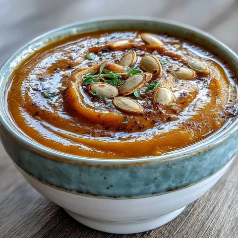 Velvety roasted butternut squash soup steaming in a rustic mug with a maple drizzle. 