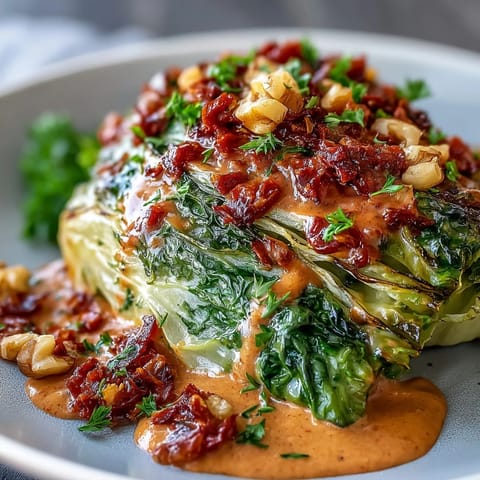 Golden-brown roasted cabbage wedges are drizzled with bold, nutty winter romesco sauce and fresh parsley.