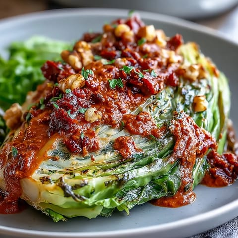 Warm, caramelized baked cabbage salad topped with rich romesco, crunchy walnuts, and a squeeze of lemon.