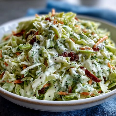 Creamy dressing clings to crisp green and red cabbage and shredded carrots in a refreshing coleslaw for summer picnics.