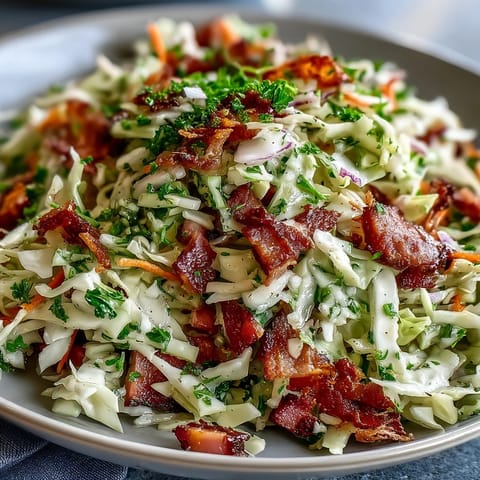 Colorful bowl of German Cabbage Coleslaw with Shredded Ham topped with fresh parsley, ready to serve as a hearty side. 