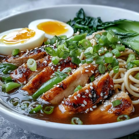 Sliced chicken and crisp vegetables in Healthy Miso Chicken Noodle Bowls rest over chewy noodles, garnished with sesame seeds and scallions for a savory dinner.