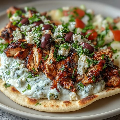 Sizzling marinated chicken thighs topped with cool cucumber feta tzatziki, diced ripe tomatoes, and Kalamata olives stuffed into a toasted pita.