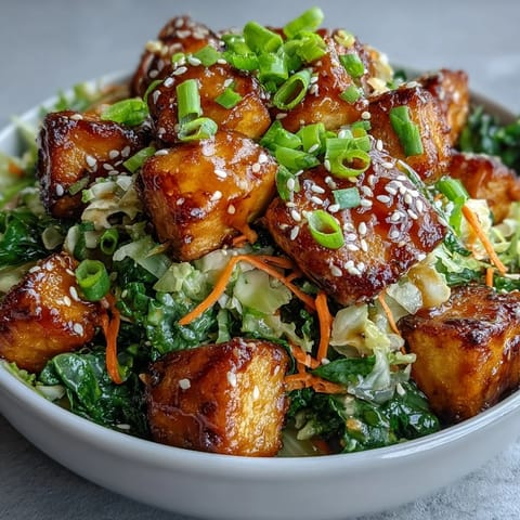 A close-up view shows the finished Tofu Egg Roll in a Bowl served steaming hot, topped with sesame seeds and fresh green onions.