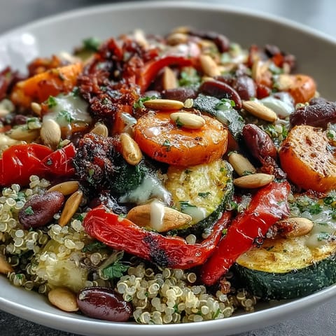 A close-up view of a Veggie and Quinoa Power Bowl featuring colorful zucchini, bell peppers, and a drizzle of lemon vinaigrette.
