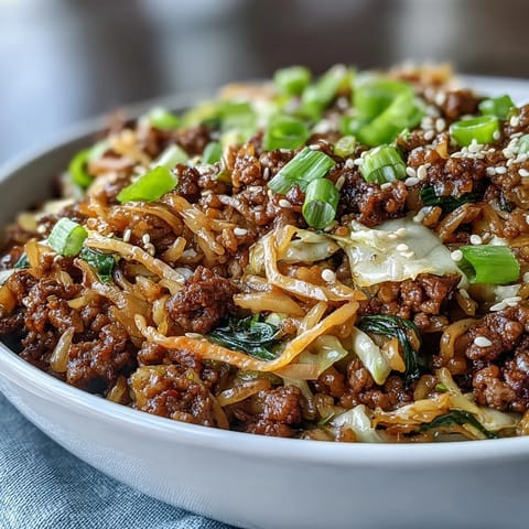 A fork lifts steaming ground turkey and crunchy slaw from a wok, showcasing a low-carb Egg Roll in a Bowl garnished with fresh green onions.